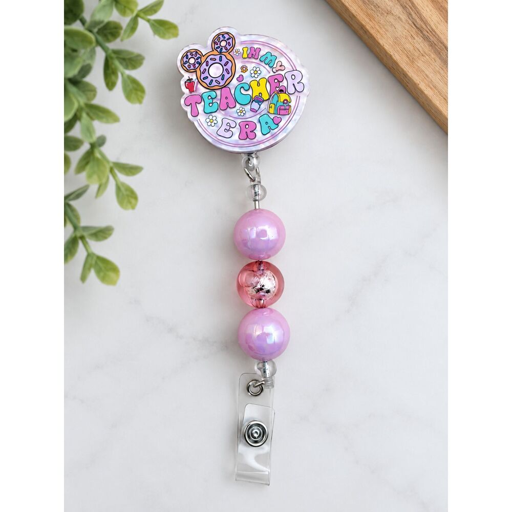 Teacher Badge Reel with Beads | Donut Mouse Ears Teacher Badge